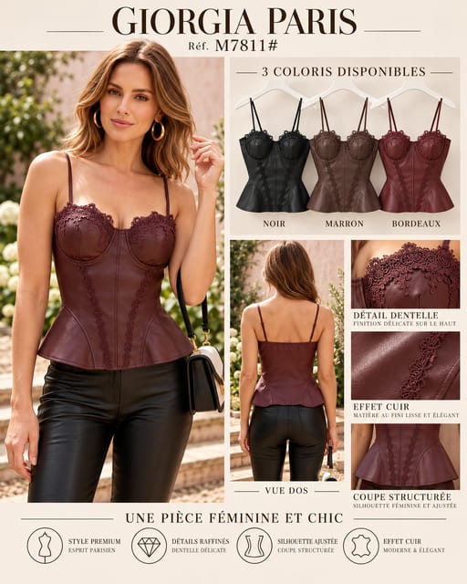 Top effet cuir et dentelle — Réf. M7811# — Prévente — Grossiste GIORGIA paris