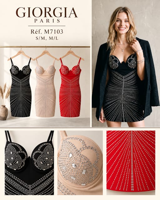 Mini Robe Bustier Studs Rayonnant — Réf. M7103 — Prévente — Grossiste GIORGIA paris