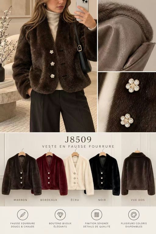 Veste Fausse Fourrure Bijoux — Réf. J8509 — Manteaux & Vestes — Grossiste GIORGIA paris