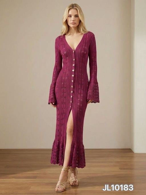 Robe en Maille Crochet Col V Ajustée — vue 2