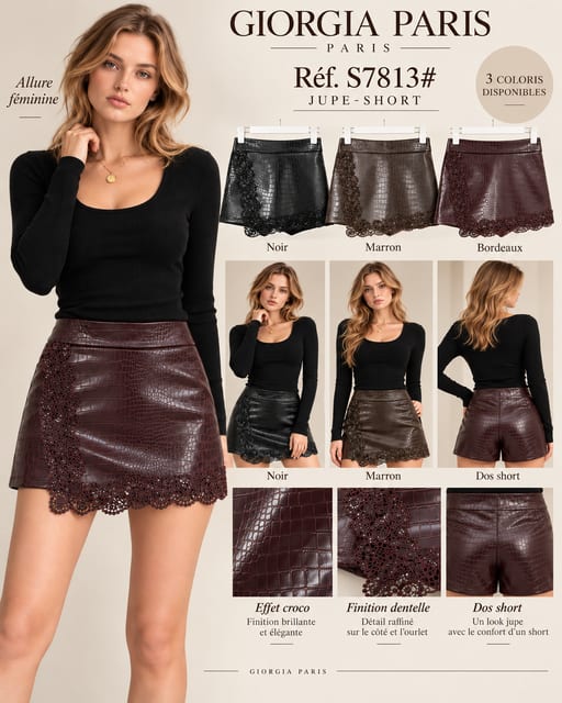 Jupe - short croco dentelle — Réf. S7813# — Robes & Jupes — Grossiste GIORGIA paris