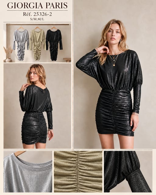 Mini Robe Froncée Métallisée — Robes de Soirée — Grossiste GIORGIA paris