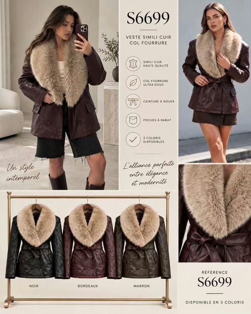 Veste simili cuir, col fourrure — Réf. S6699 — Manteaux & Vestes — Grossiste GIORGIA paris