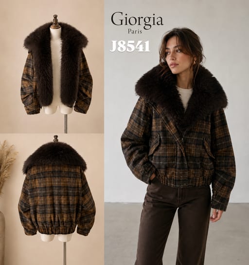Veste courte à carreaux avec col effet fourrure — Réf. J8574 — Manteaux & Vestes — Grossiste GIORGIA paris