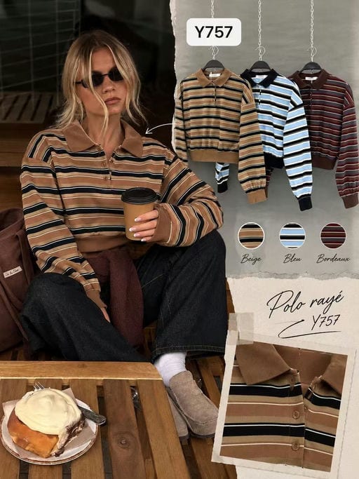 Polo Rayé Col Boutonné — Réf. Y757 — Tops & Pulls — Grossiste GIORGIA paris